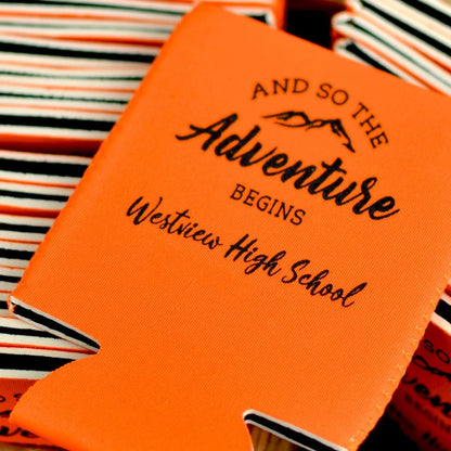 Orange color collapsible graduation can coolers personalized with adventure begins design and 1 line of custom text in black print