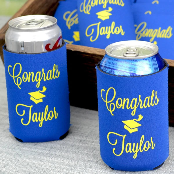 Cerulea blue color graduation can coolers personalized with congrats grad cap design and graduates name in bright yellow print