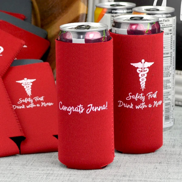 Red color slim can cooler favors personalized for nursing school graduation party