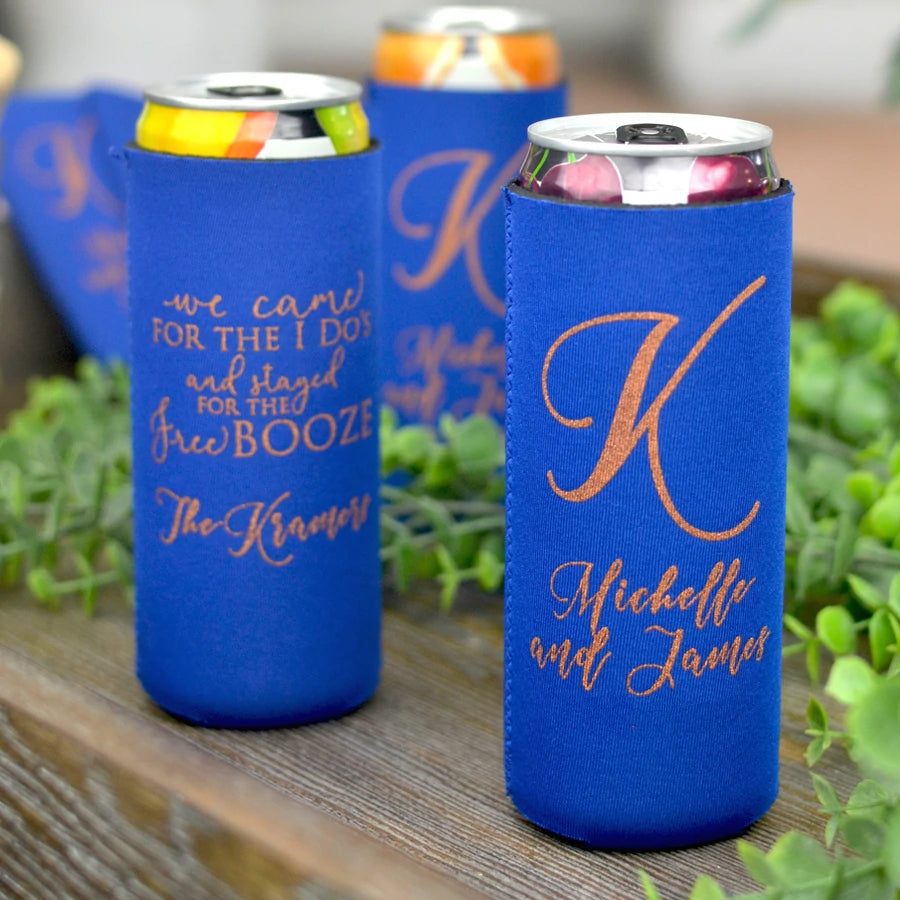 Royal blue slim can cooler wedding favors personalized with we came for the I dos design and bride and groom married name in copper print