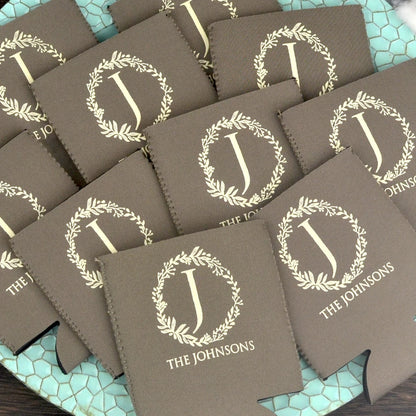 Taupe color wedding can coolor favors personalized with ivy wreath initial and married couple last name in ivory print