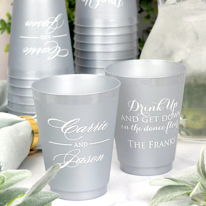 Silver frosted 16 ounce shatterproof wedding cups personalized with 'Drink Up Get Down' design and 1 line of text on the front and 3 lines of custom text on the back in white imprint color