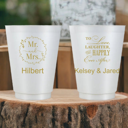 Personalized wedding cups featuring Mr and Mrs Hilbert and the message To Love Laughter and Happily Ever After