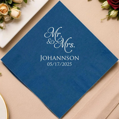 Blue paper wedding dinner napkin personalized with mr and mrs script design and 2 lines of custom text in white print
