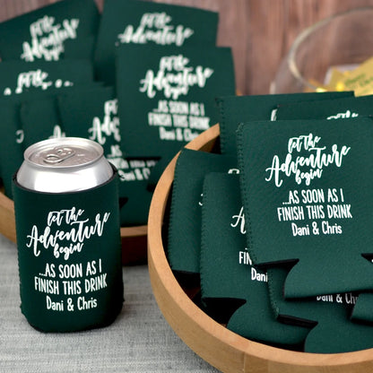 Forest green color wedding can coolers personalized with let the adventure gegin design and 3 lines of custom text in white print