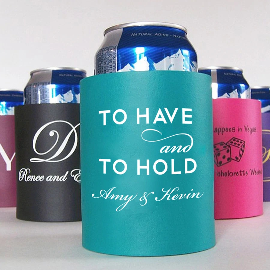 Custom printed thick foam wedding reception can hugger favors in various color and design options