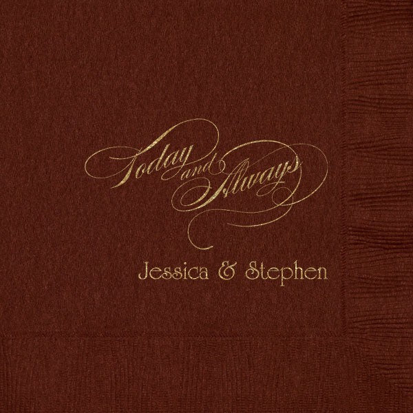 burgundy disosable wedding dinner napkins personalized with today and always design and names in copper imprint color
