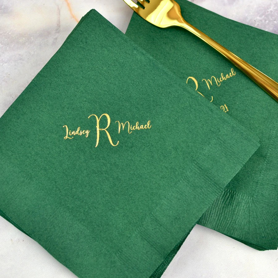 forest green dispable wedding luncheon napkins personalized with wedding monogram in gold print