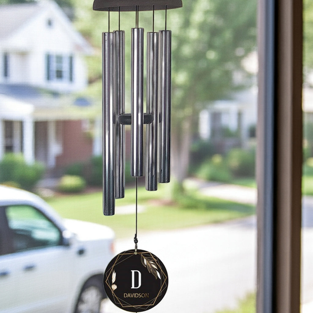 Personalized wind chime with silver tubes and custom Davidson name tag
