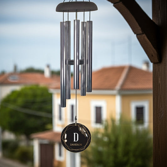 Personalized wind chime with metal tubes and black circular engraved nameplate hanging outdoors