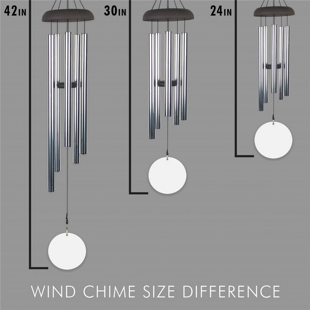 Personalized wind chime displaying three size options including 42 inch 30 inch and 24 inches long