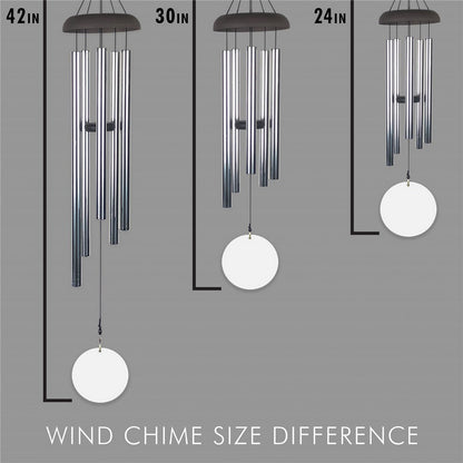 Personalized wind chime displaying three size options including 42 inch 30 inch and 24 inches long