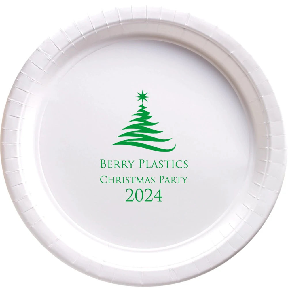 White paper company Christmas dinner plate personalized with mondern Christmas tree design and 3 lines of text in green print