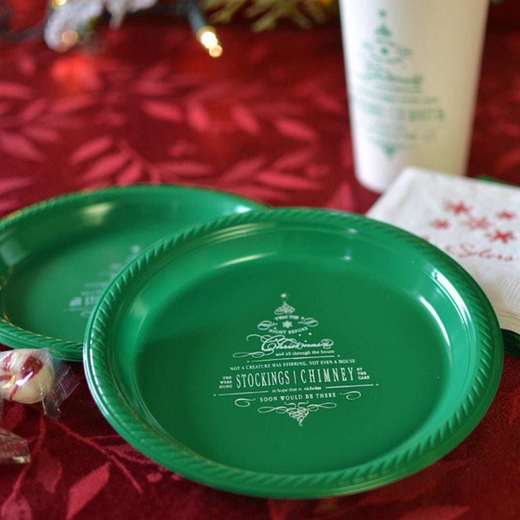 Tippytoad green plastic Christmas appetizer & dessert plates with festive holiday design
