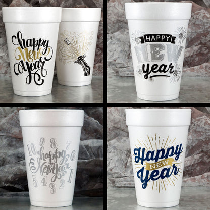 Happy New Year designs printed on 16 oz polystyrene foam party cups