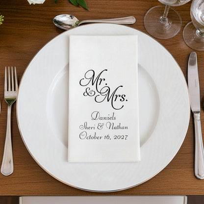 Premium linen feel guest towel napkins featuring elegant Mr and Mrs design for weddings