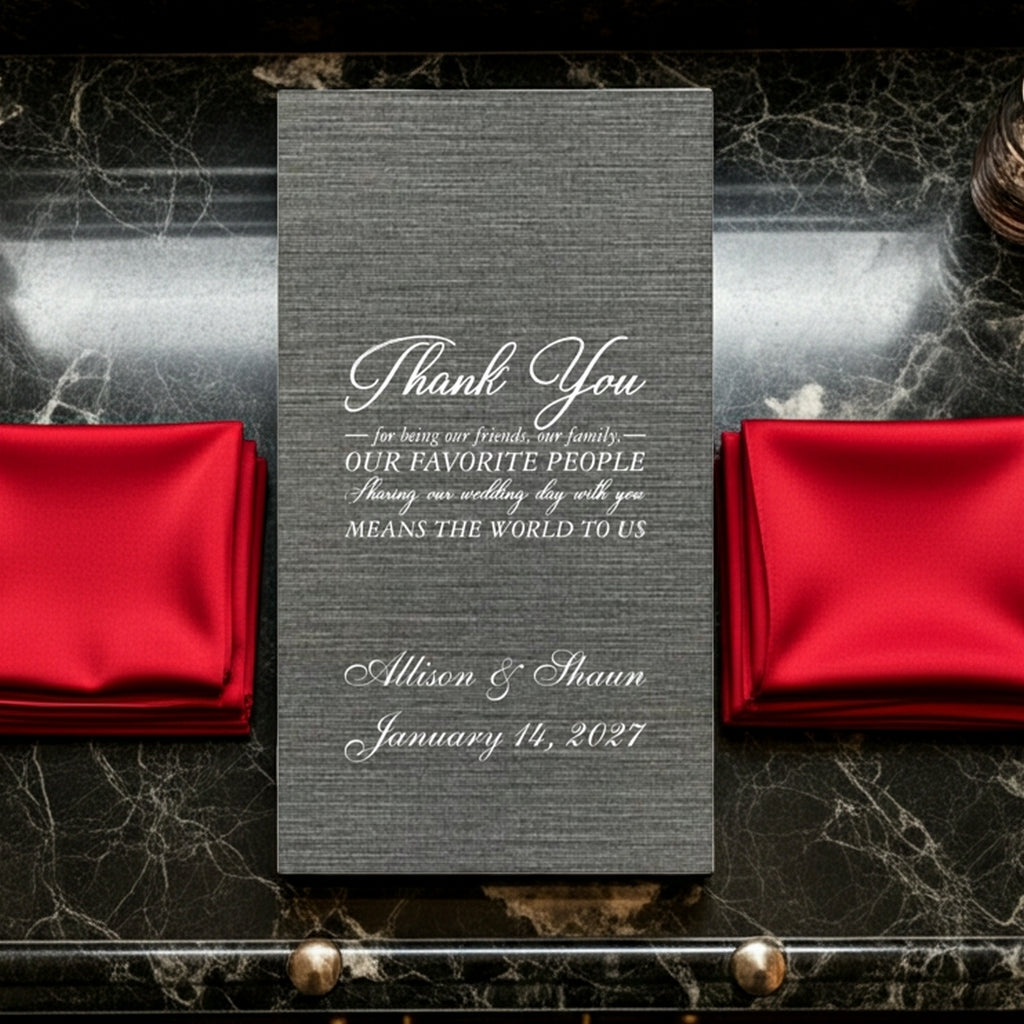Stylish wedding table setting with premium linen feel guest towel napkins in red and custom thank you note