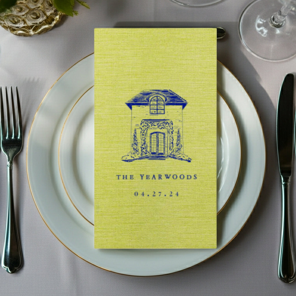 Premium linen feel guest towel napkins in yellow featuring a blue house design for weddings