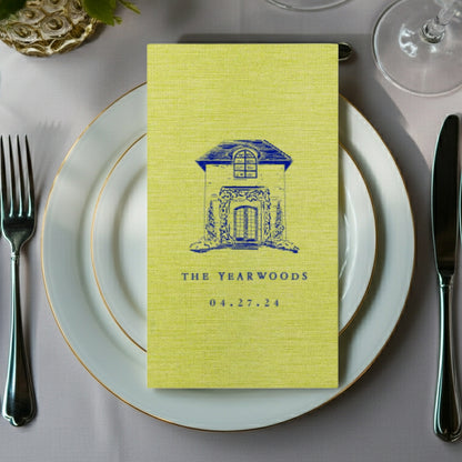 Premium linen feel guest towel napkins in yellow featuring a blue house design for weddings