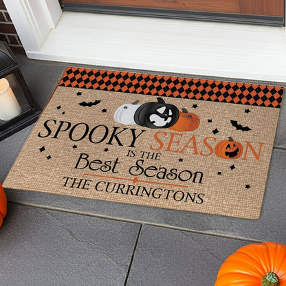 Pumpkins and bats personalized doormat with spooky season design and customizable family name