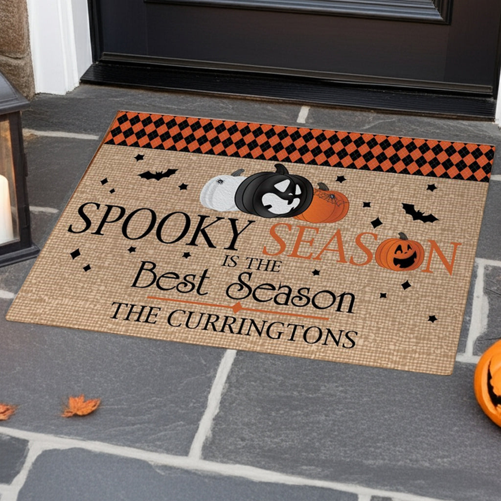 Pumpkins and bats personalized doormat with spooky season text and custom family name