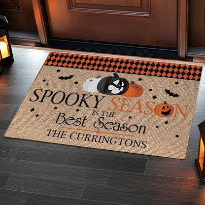 Pumpkins and bats personalized doormat with spooky season design and custom name