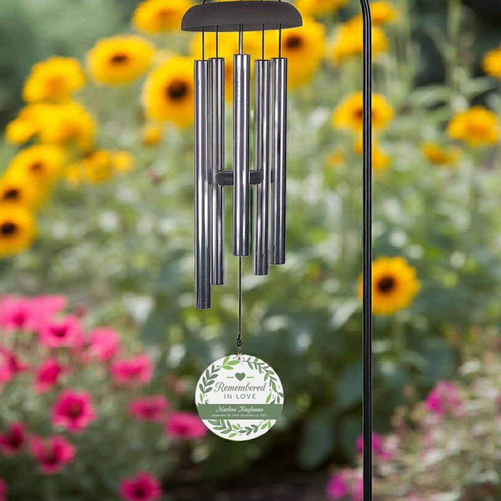 Remembered in love personalized wind chime memorial gift with floral garden background