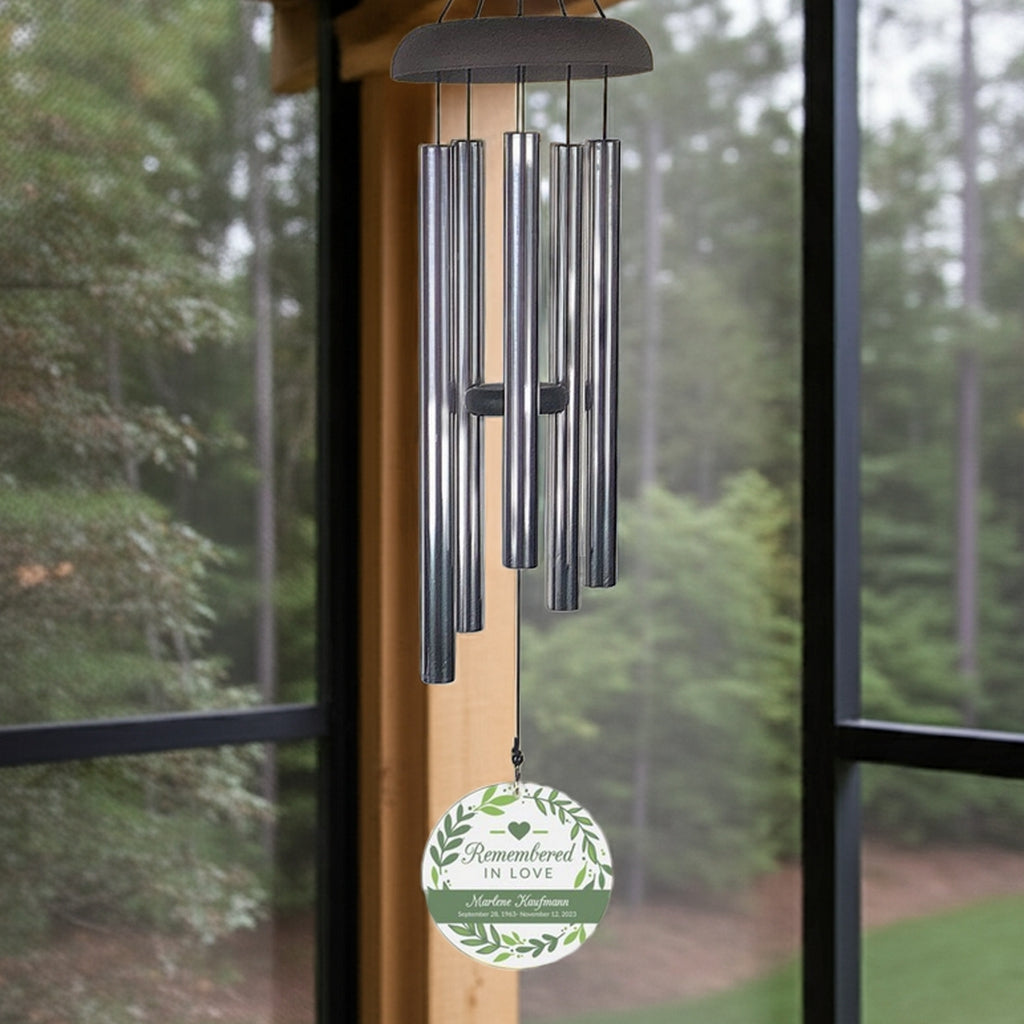 Remembered in love personalized wind chime memorial gift with metal tubes and decorative round tag