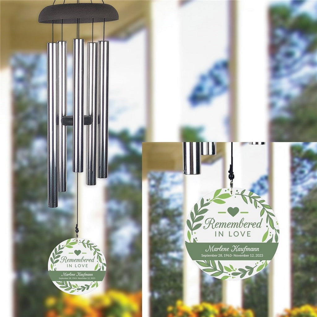 Remembered in love personalized wind chime memorial gift with green leaf design and custom name