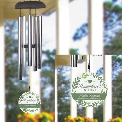 Remembered in love personalized wind chime memorial gift with green leaf design and custom name