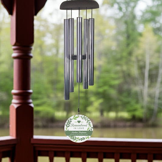 Remembered in love personalized wind chime hanging on porch with nature background memorial gift