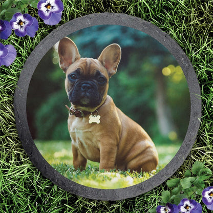 Round slate custom photo garden stone with a dog image surrounded by grass and purple flowers