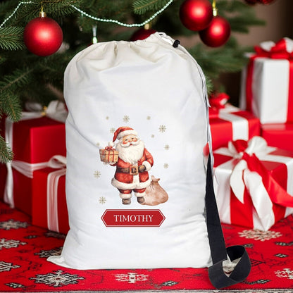 Personalized Santa Christmas gift sack featuring Santa Claus design 
for holiday gifts