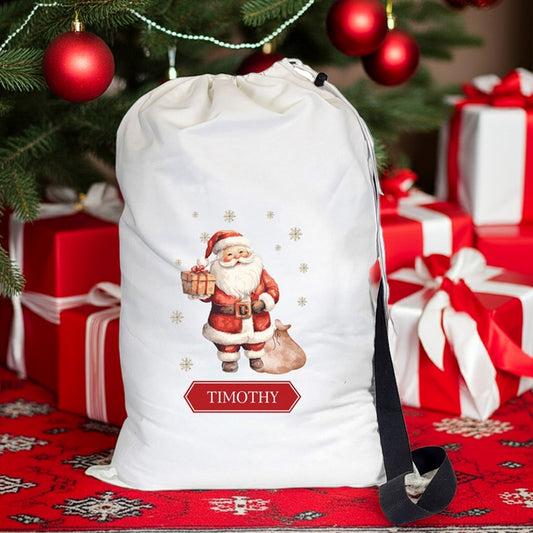 Personalized Santa Christmas gift sack featuring Santa Claus design 
for holiday gifts