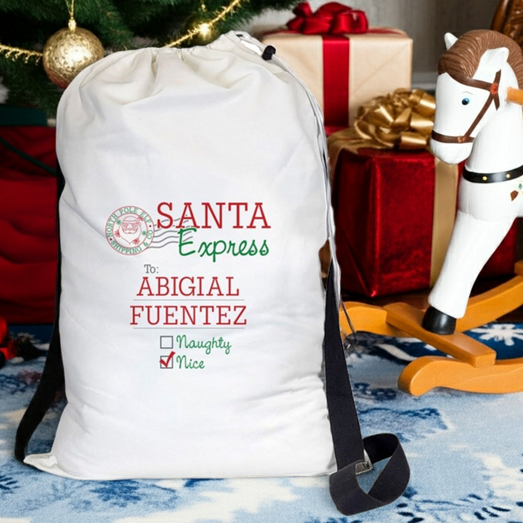 Personalized Santa Express Christmas gift sack for children with customizable name option