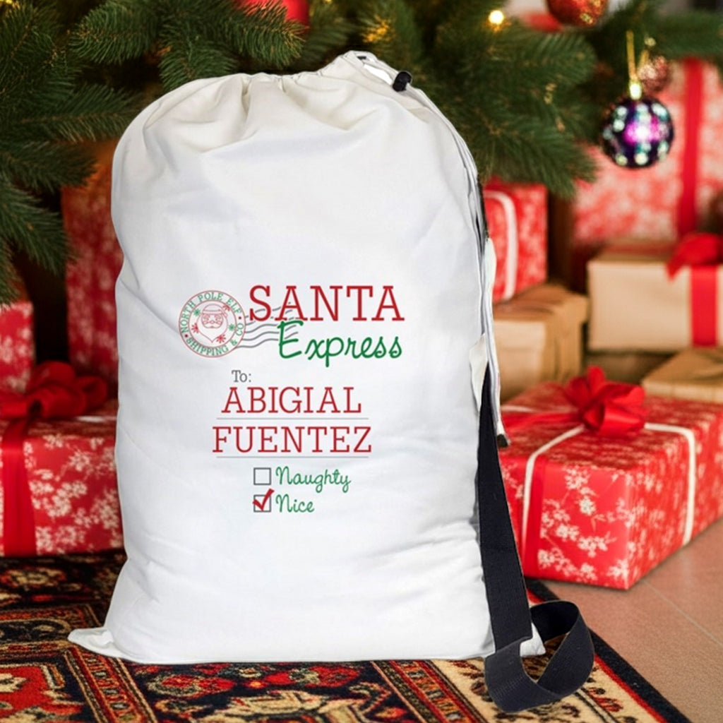 Customizable Christmas gift sack from Pro Gift Source with Santa Express design for personalized gifting