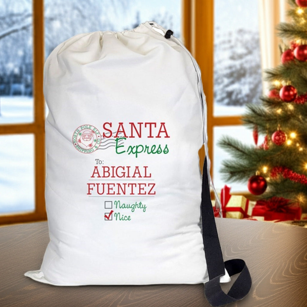 Personalized Santa Express Christmas gift sack with adjustable strap and festive design
