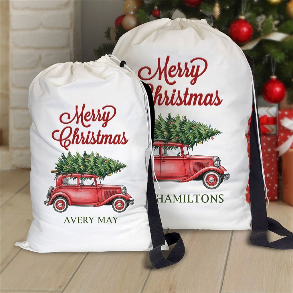 Personalized Santa Sack with Merry Christmas Design and Vintage Car with Christmas Tree