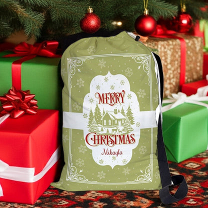 Personalized Santa sack in green vintage cabin with Merry Christmas design for holiday gift giving