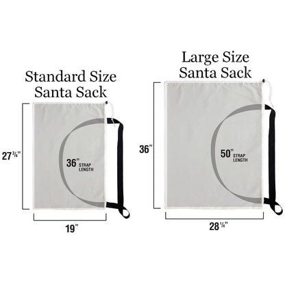 Santa sack size comparison standard sack dimensions 19in wide x 27in long Large sack dimensions 28in wide x 36in long