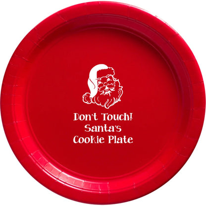 Red paper Christmas party plate personalized with Santa design and 3 lines of custom text for Christmas cookies and treats