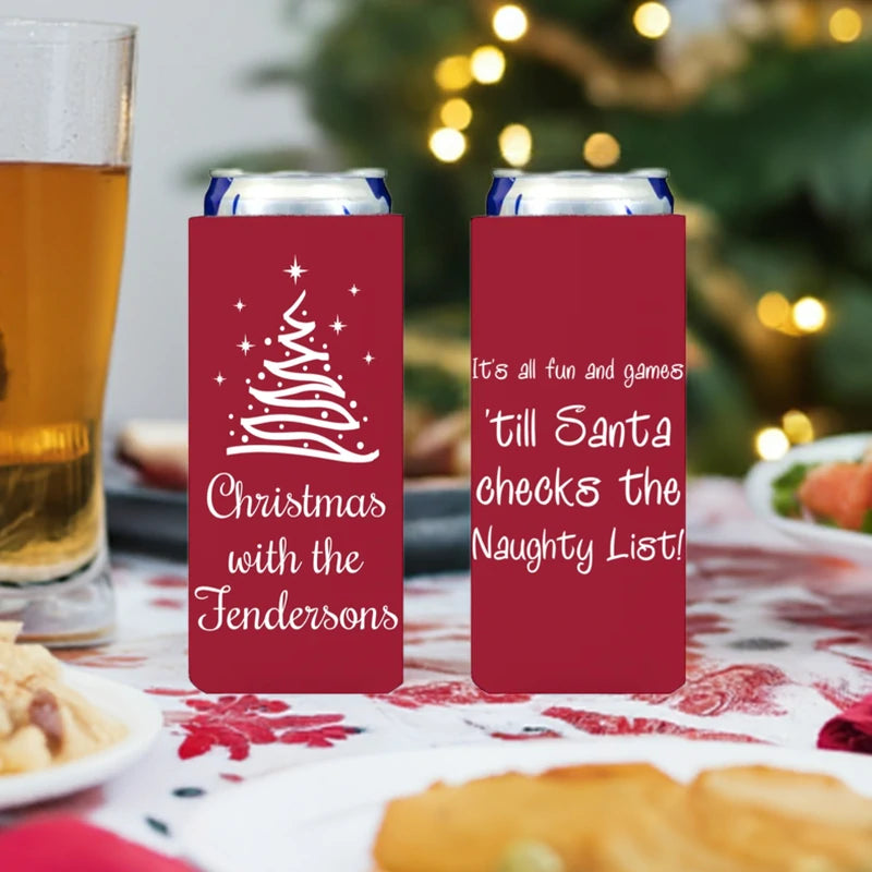 Red skinny drink can Christmas koozies personalized with Christmas tree design and custom text in white print