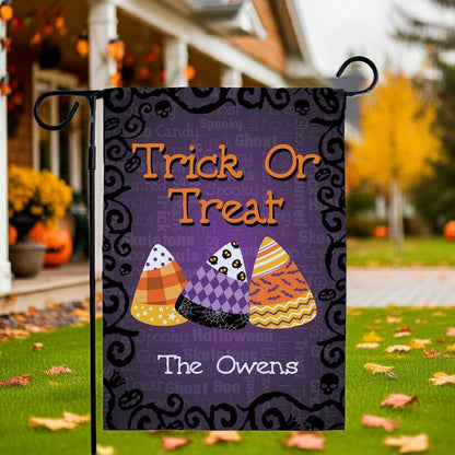Halloween garden flag purple Trick Or Treat candy corn design personalized The Owens