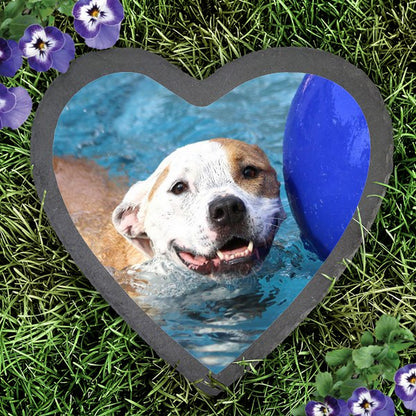 Slate heart photo garden stone with dog picture placed on grass with purple flowers