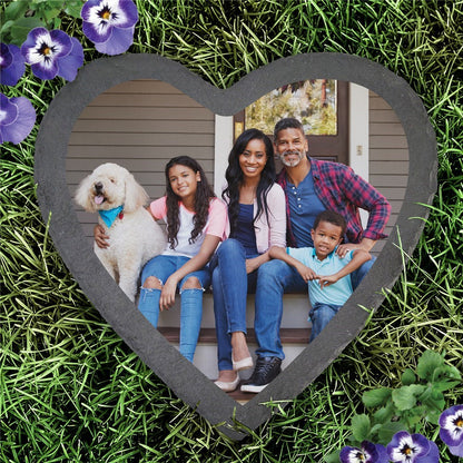 Slate heart photo garden stone displaying family photo with dog and flowers on grass