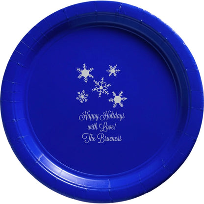 Blue paper Christmas cookie plate personalized with falling snowflakes design and 3 lines of custom text in silver print