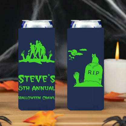 Tippytoad navy slim can coolers with neon green zombie and RIP tombstone graphics Halloween slim can cooler sleeves