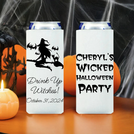 White Halloween slim can cooler sleeves with black witch on broom bats cat and Cheryls Wicked Halloween Party text