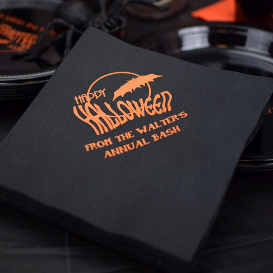 Tippytoad black napkins with orange bat and Happy Halloween print personalized text for Halloween dinner napkins