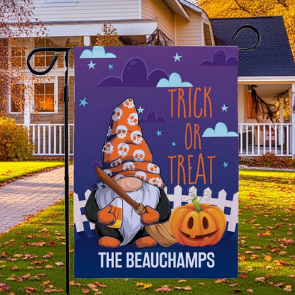 Halloween garden flag with gnome in orange skull witch hat holding broom and pumpkin jack o lantern personalized The Beauchamps